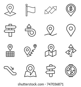 thin line icon set : pointer, flag, up down arrow, dollar pin, singlepost, trip, geo, map, route, escalator, signpost, compass