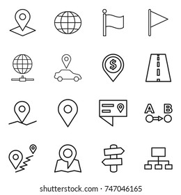 thin line icon set : pointer, globe, flag, connect, car, dollar pin, road, geo, location details, route a to b, map, signpost, hierarchy