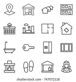 thin line icon set : pointer, warehouse, houses, modular house, university, city, plan, smart, bath, key, fridge, window, fireplace, slippers, utility room, cleaner