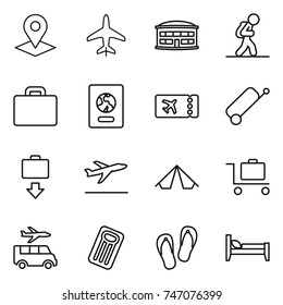 thin line icon set : pointer, plane, airport building, tourist, suitcase, passport, ticket, baggage get, departure, tent, trolley, transfer, inflatable mattress, flip flops, bed