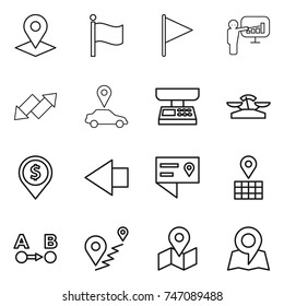 thin line icon set : pointer, flag, presentation, up down arrow, car, market scales, dollar pin, left, location details, map, route a to b