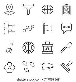 thin line icon set : pointer, funnel, globe, report, diagram, graph, flag, message, segway, fireplace, chef knife, cupcake, seeds, pig, scraper