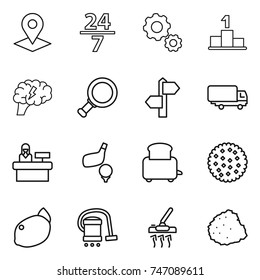 thin line icon set : pointer, 24 7, gear, pedestal, brain, magnifier, signpost, shipping, reception, golf, toaster, cookies, lemon, vacuum cleaner, pile of garbage