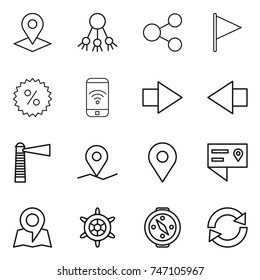 thin line icon set : pointer, share, flag, percent, phone wireless, right arrow, left, lighthouse, geo pin, location details, map, handwheel, compass, reload