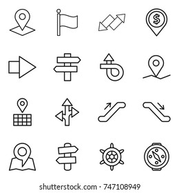 thin line icon set : pointer, flag, up down arrow, dollar pin, right, singlepost, trip, geo, map, route, escalator, signpost, handwheel, compass