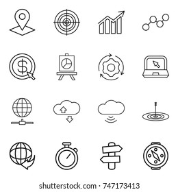 thin line icon set : pointer, target, diagram, graph, dollar arrow, presentation, around gear, notebook, globe connect, cloude service, cloud wireless, delivery, stopwatch, signpost, compass