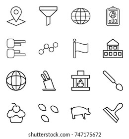 thin line icon set : pointer, funnel, globe, report, diagram, graph, flag, cottage, stands for knives, fireplace, big spoon, cupcake, seeds, pig, scraper