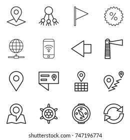 thin line icon set : pointer, share, flag, percent, globe connect, phone wireless, left arrow, lighthouse, geo pin, location details, map, route, handwheel, compass, reload