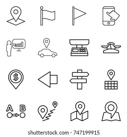 thin line icon set : pointer, flag, touch, presentation, car, market scales, dollar pin, left arrow, singlepost, map, route a to b