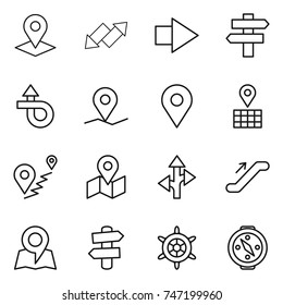 thin line icon set : pointer, up down arrow, right, singlepost, trip, geo pin, map, route, escalator, signpost, handwheel, compass