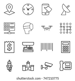 thin line icon set : pointer, clock, touch, satellite antenna, server, virtual mask, drone, chip, receipt, market scales, bar code, calculator, spark plug, castle, surveillance, intercome