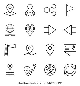 thin line icon set : pointer, share, flag, globe connect, dollar pin, right arrow, left, lighthouse, geo, location details, map, route, compass, reload