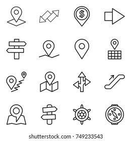thin line icon set : pointer, up down arrow, dollar pin, right, singlepost, geo, map, route, escalator, signpost, handwheel, compass