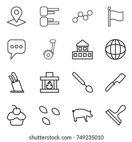 thin line icon set : pointer, diagram, graph, flag, message, cottage, globe, stands for knives, fireplace, big spoon, chef knife, cupcake, seeds, pig, scraper