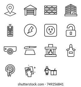 thin line icon set : pointer, garage, brick wall, office, remote control, electricity, power socket, unlocked, surveillance camera, cutting board, fireplace, apron, elecric oven, wiping