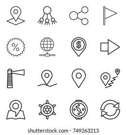 thin line icon set : pointer, share, flag, percent, globe connect, dollar pin, right arrow, lighthouse, geo, route, map, handwheel, compass, reload