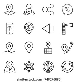 thin line icon set : pointer, share, percent, phone wireless, dollar pin, left arrow, lighthouse, geo, map, route, handwheel, compass, reload