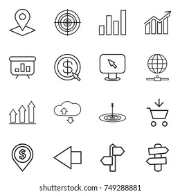 thin line icon set : pointer, target, graph, diagram, presentation, dollar arrow, monitor, globe connect, up, cloude service, add to cart, pin, left, signpost