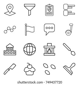 thin line icon set : pointer, funnel, report, diagram, graph, flag, message, segway, cottage, globe, fireplace, big spoon, chef knife, cupcake, seeds, scraper