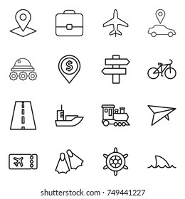 thin line icon set : pointer, portfolio, plane, car, lunar rover, dollar pin, singlepost, bike, road, sea shipping, train, deltaplane, ticket, flippers, handwheel, shark flipper