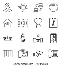 thin line icon set : pointer, chip, notebook connect, smart bracelet, wireless home, cardio, receipt, scales, spark plug, castle, mobile location, bar code, camera, surveillance, intercome