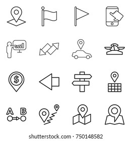thin line icon set : pointer, flag, touch, presentation, up down arrow, car, scales, dollar pin, left, singlepost, map, route a to b