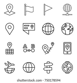 thin line icon set : pointer, flag, globe connect, geo pin, location details, map, route a to b, mobile, plane shipping, signpost, compass