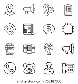 thin line icon set : pointer, loudspeaker, gear, clipboard, call, newspaper, money message, chip, notebook globe, server, antenna, megafon, phone, support manager, intercome