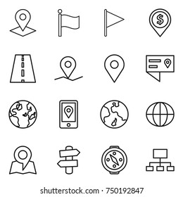thin line icon set : pointer, flag, dollar pin, road, geo, location details, globe, mobile, earth, map, signpost, compass, hierarchy