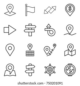 thin line icon set : pointer, flag, up down arrow, dollar pin, right, singlepost, trip, geo, map, route, signpost, handwheel, compass