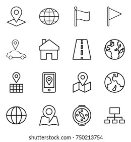 thin line icon set : pointer, globe, flag, car, home, road, map, mobile location, earth, compass, hierarchy