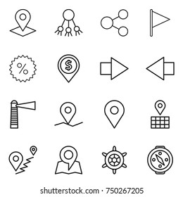 thin line icon set : pointer, share, flag, percent, dollar pin, right arrow, left, lighthouse, geo, map, route, handwheel, compass