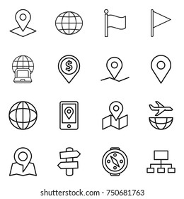 thin line icon set : pointer, globe, flag, notebook, dollar pin, geo, mobile location, map, plane shipping, signpost, compass, hierarchy thin line icon set : pointer, globe, flag, notebook, dollar pin, geo, mobile location, map, plane shipping, signpost, compass, hierarchy