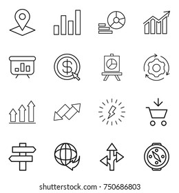 thin line icon set : pointer, graph, diagram, presentation, dollar arrow, around gear, up, down, lightning, add to cart, singlepost, delivery, route, compass