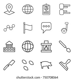 thin line icon set : pointer, globe, report, diagram, graph, flag, message, segway, cottage, fireplace, big spoon, chef knife, seeds, pig, scraper