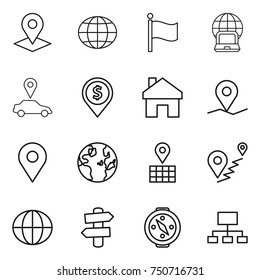 thin line icon set : pointer, globe, flag, notebook, car, dollar pin, home, geo, map, route, signpost, compass, hierarchy