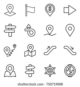 thin line icon set : pointer, flag, dollar pin, right arrow, singlepost, trip, geo, route, map, escalator, signpost, handwheel, compass