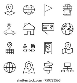 thin line icon set : pointer, globe, flag, notebook, car, home, location details, map, route a to b, mobile, signpost, hierarchy