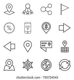 thin line icon set : pointer, share, flag, percent, phone wireless, dollar pin, right arrow, left, geo, location details, map, handwheel, compass, reload