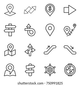 thin line icon set : pointer, up down arrow, dollar pin, right, singlepost, trip, geo, route, map, escalator, signpost, handwheel, compass