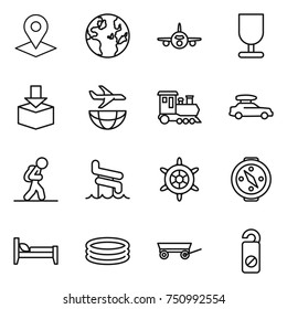 thin line icon set : pointer, globe, plane, fragile, package, shipping, train, car baggage, tourist, aquapark, handwheel, compass, bed, inflatable pool, trailer, do not distrub