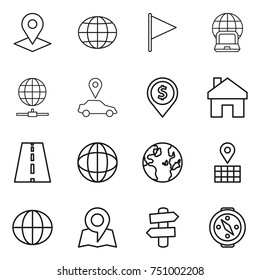 thin line icon set : pointer, globe, flag, notebook, connect, car, dollar pin, home, road, map, signpost, compass