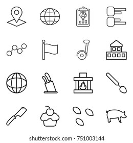 thin line icon set : pointer, globe, report, diagram, graph, flag, segway, cottage, stands for knives, fireplace, big spoon, chef knife, cupcake, seeds, pig