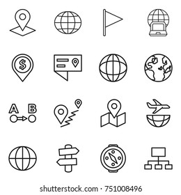 thin line icon set : pointer, globe, flag, notebook, dollar pin, location details, route a to b, map, plane shipping, signpost, compass, hierarchy