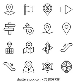 thin line icon set : pointer, flag, dollar pin, right arrow, singlepost, trip, geo, map, route, escalator, handwheel, compass