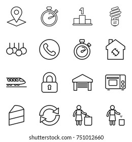 thin line icon set : pointer, stopwatch, pedestal, bulb, sale, phone, smart house, train, locked, garage, grill oven, cake, reload, garbage bin