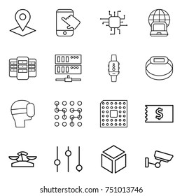 thin line icon set : pointer, touch, chip, notebook globe, server, smart watch, bracelet, virtual mask, cpu, receipt, scales, equalizer, 3d, surveillance