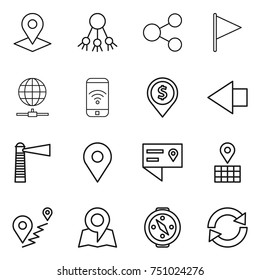 thin line icon set : pointer, share, flag, globe connect, phone wireless, dollar pin, left arrow, lighthouse, geo, location details, map, route, compass, reload