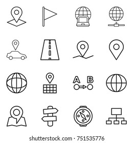 thin line icon set : pointer, flag, notebook globe, connect, car, road, geo pin, map, route a to b, signpost, compass, hierarchy
