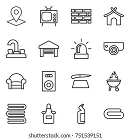 thin line icon set : pointer, tv, brick wall, bungalow, water tap, garage, alarm, surveillance camera, armchair, speaker, cutting board, bbq, towels, apron, toilet cleanser, towel